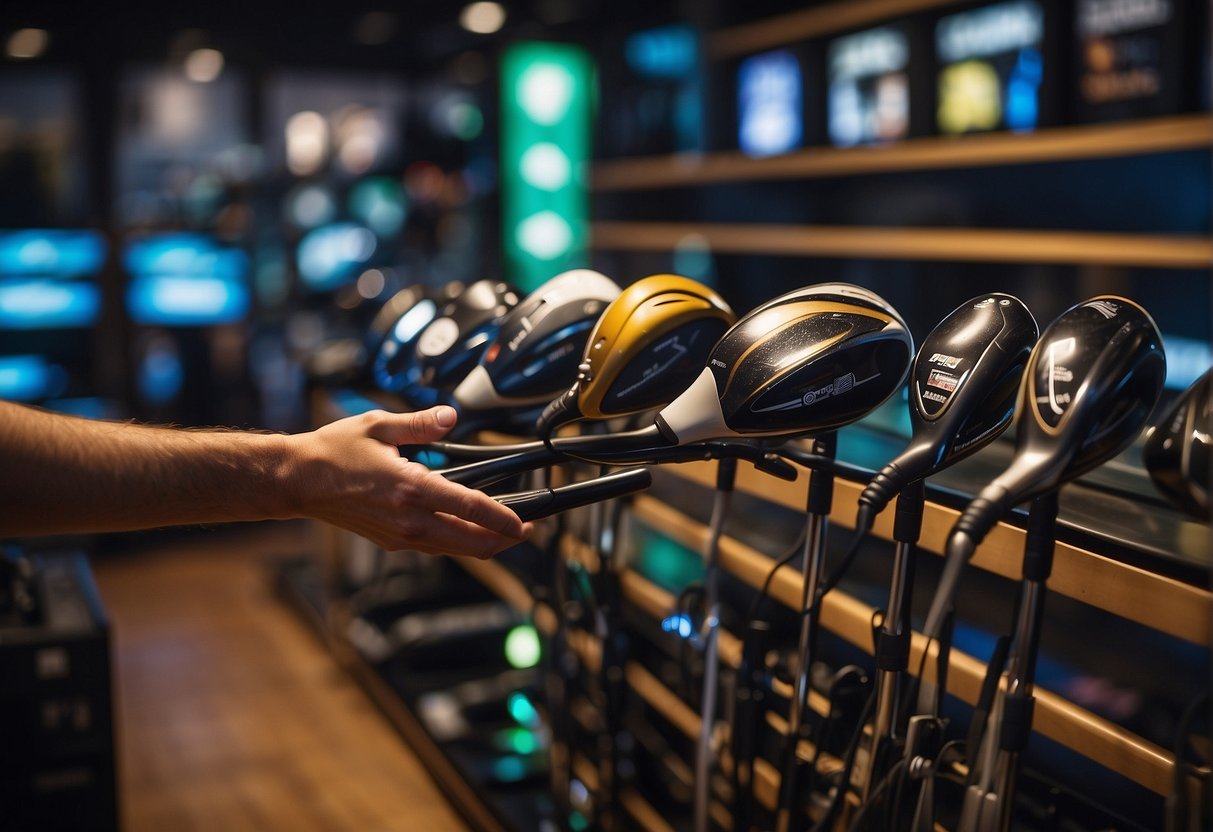 A hand reaching for a hybrid driver from a selection of different clubs on a display rack