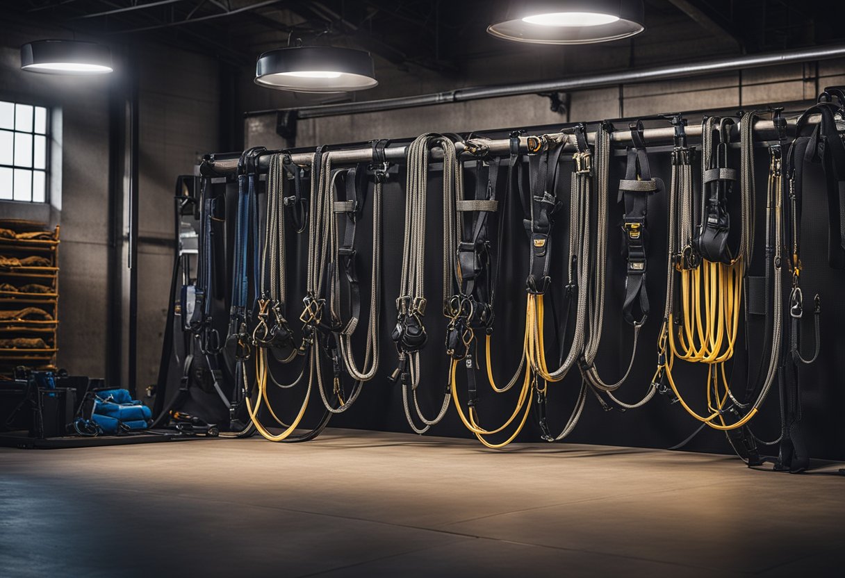 The stunt equipment is arranged neatly in a dimly lit warehouse, with harnesses, ropes, and safety mats stacked against the wall