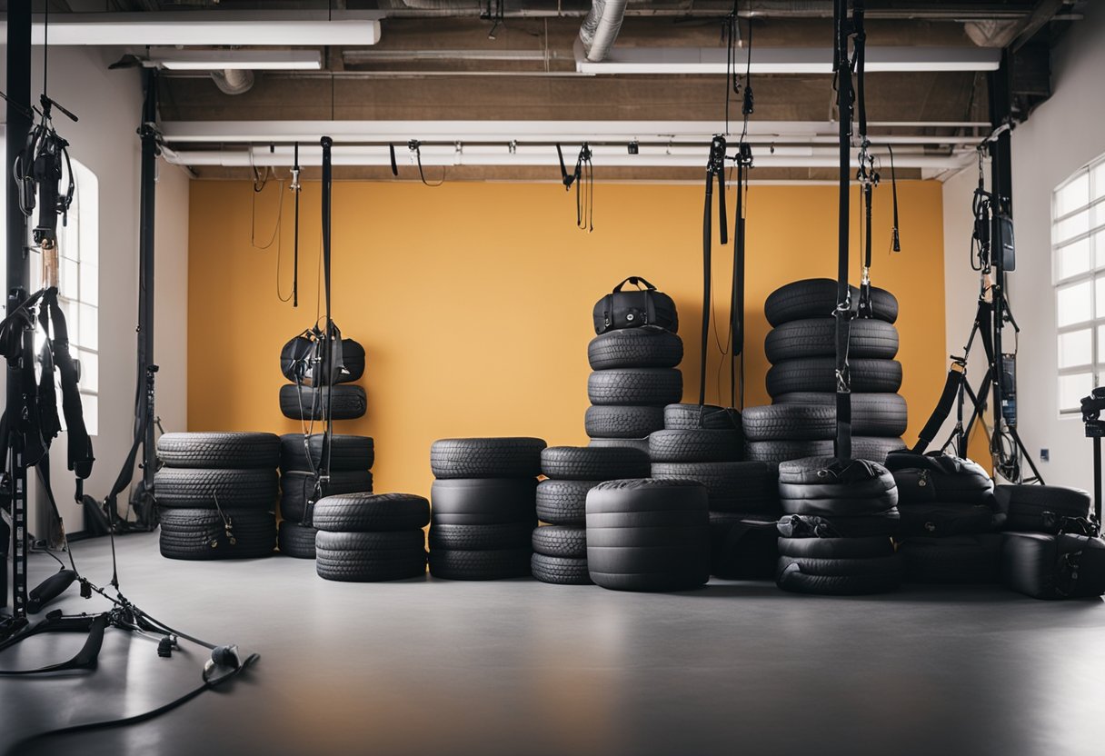 Stunt equipment arranged neatly in a well-lit studio, including crash mats, harnesses, ropes, and safety pads