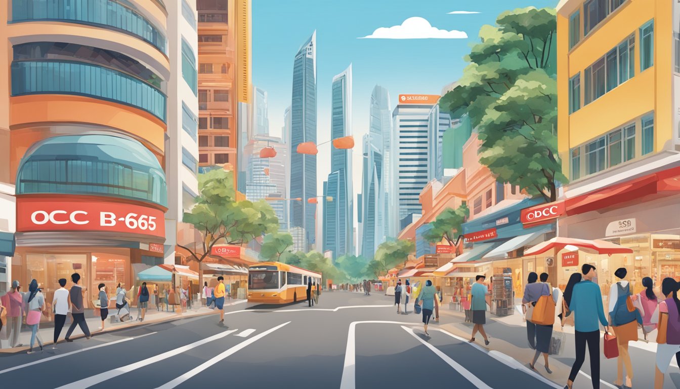A vibrant Singaporean street scene with iconic landmarks and bustling shopping districts, showcasing the benefits of using the OCBC 365 credit card for rebates