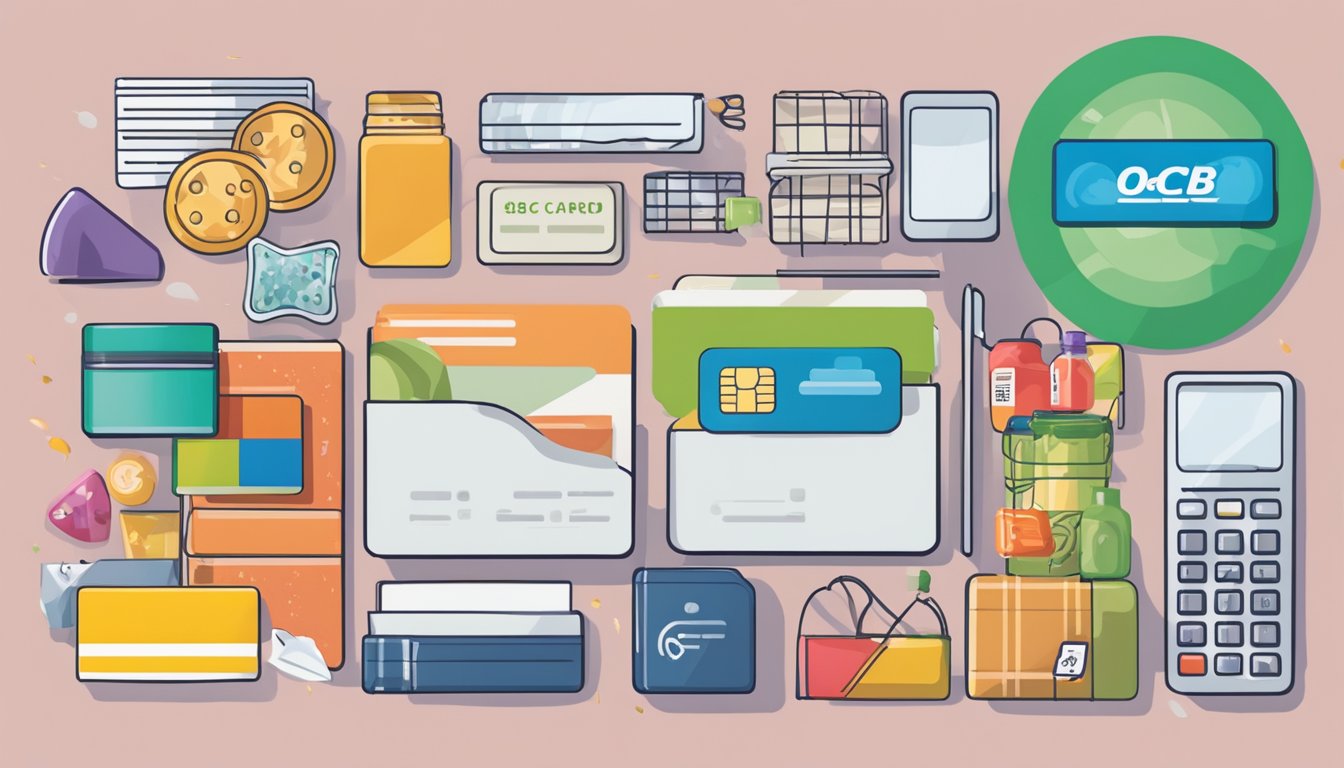 A colorful credit card surrounded by various items symbolizing different rebate categories, such as dining, groceries, and utilities. The card is prominently displayed with the OCBC 365 logo