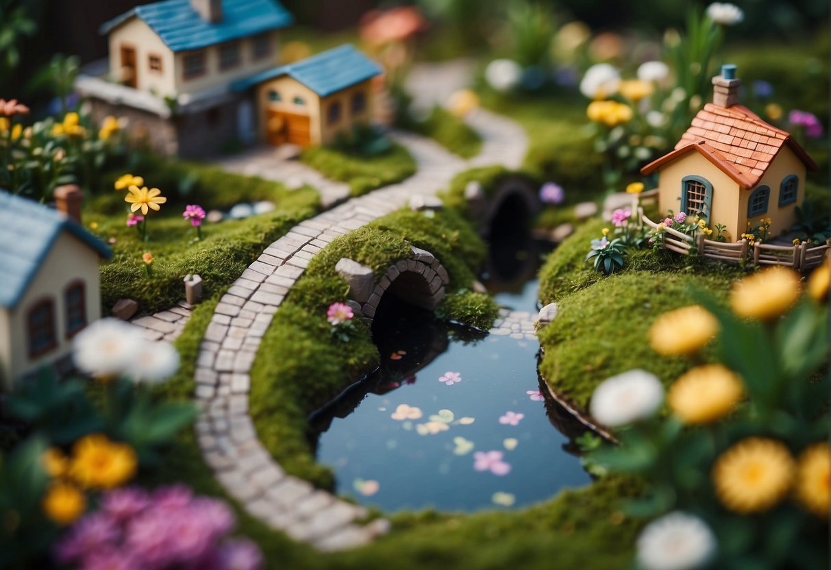 A lush backyard with miniature houses, winding paths, and colorful flowers. A small pond with a tiny bridge and twinkling lights add to the magical atmosphere