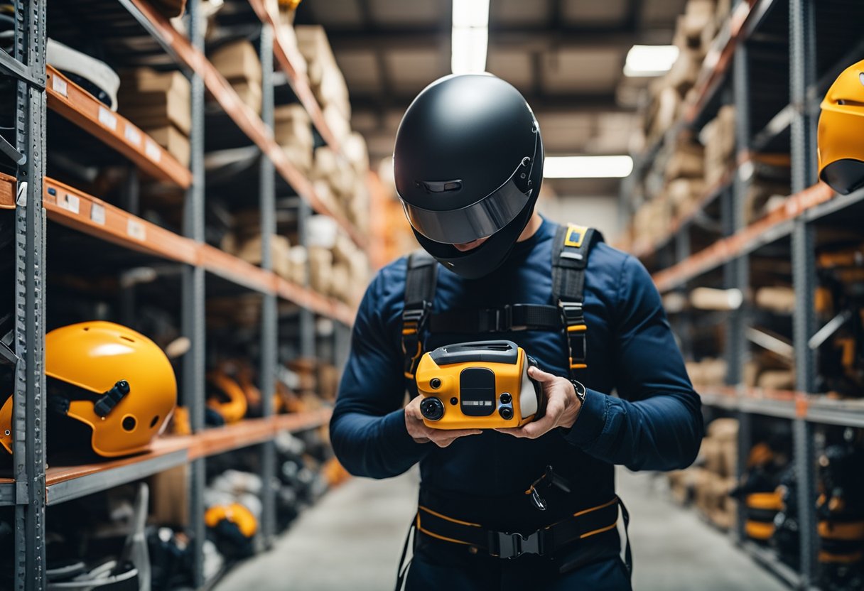 A person compares renting and purchasing stunt equipment in a warehouse filled with helmets, harnesses, and safety gear