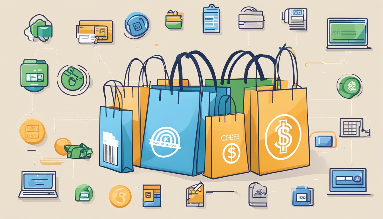 A stack of shopping bags with various logos, a receipt, and a credit card with "OCBC 365" on it, surrounded by icons representing different cashback categories
