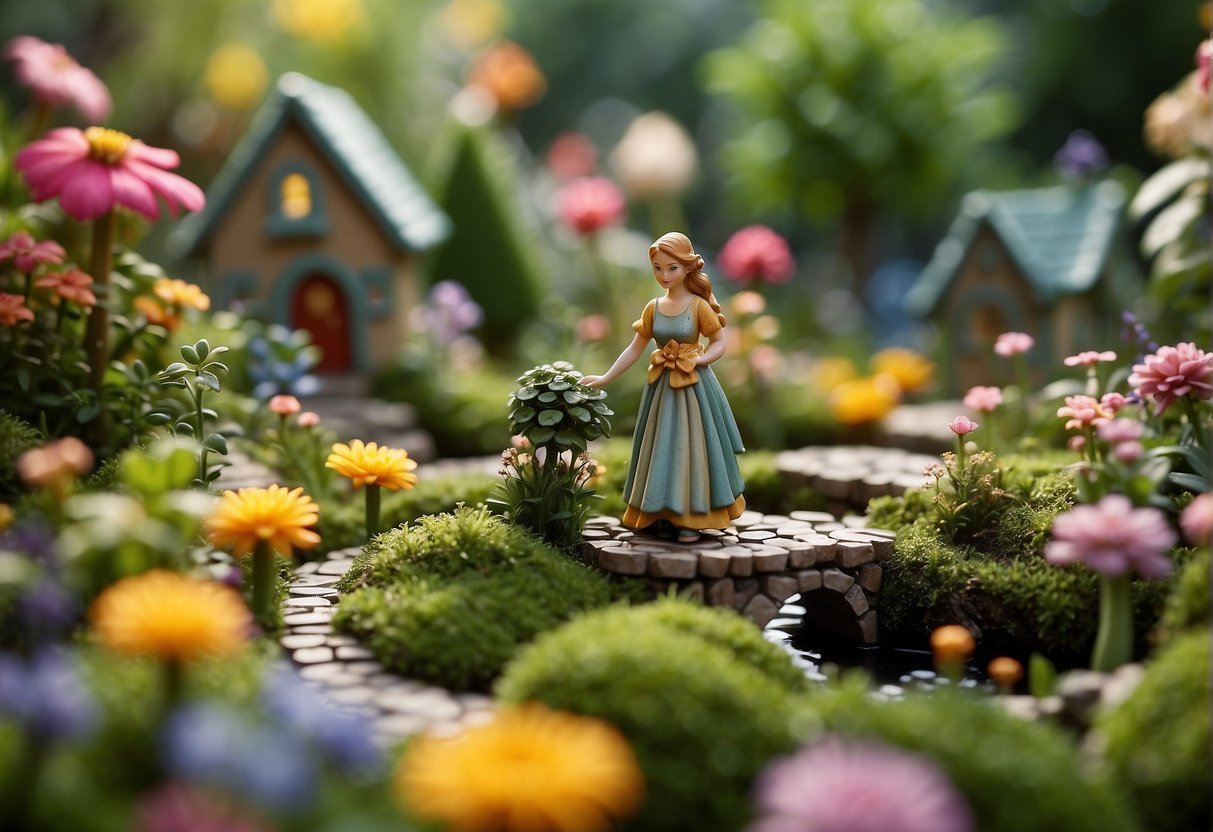A fairy figurine stands amidst a lush backyard garden, surrounded by colorful flowers, miniature houses, and winding pathways. A small pond with a tiny bridge completes the enchanting scene
