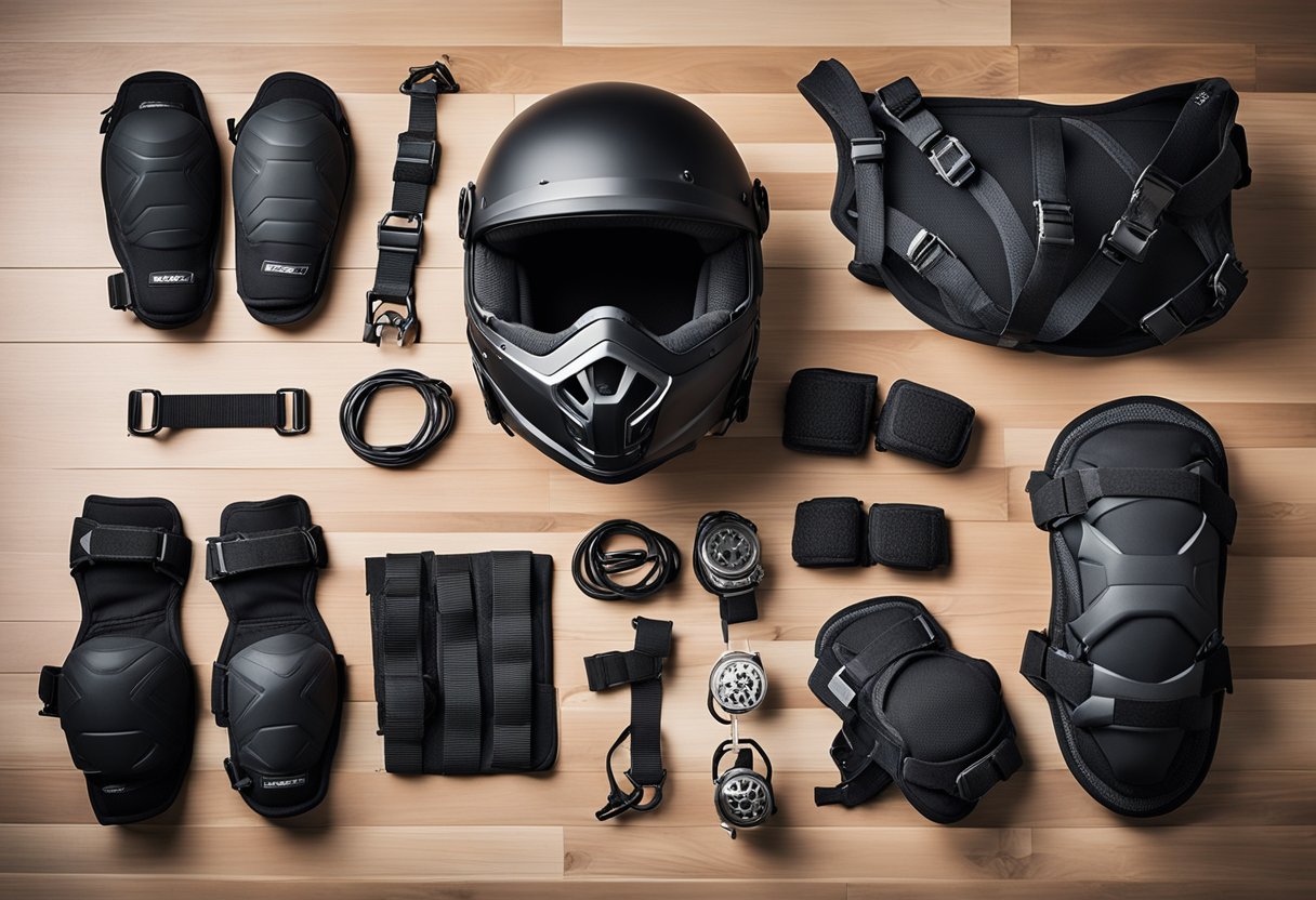 Stunt safety gear laid out: helmet, knee pads, elbow pads, and harness. Various stunt equipment in the background: ropes, pulleys, and crash mats