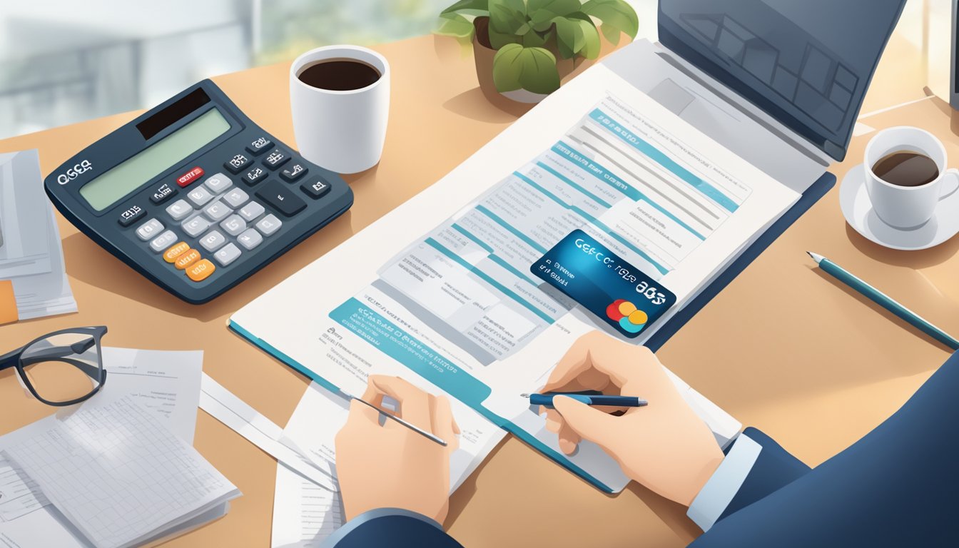 A person reading a document titled "OCBC 365 Credit Card Terms and Conditions" with a credit card and calculator on the table