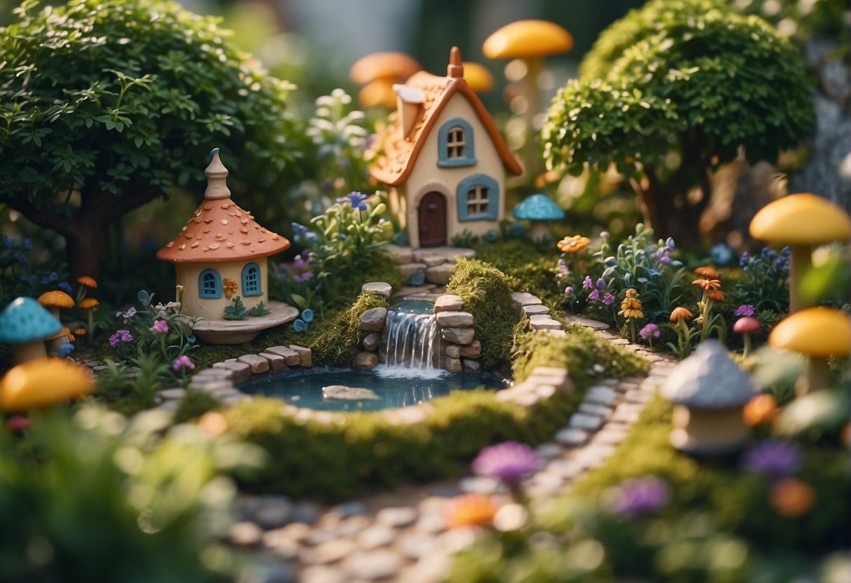 A lush backyard with small pathways winding through colorful flowers and miniature fairy houses nestled among greenery. A bubbling fountain adds a touch of whimsy to the enchanting scene