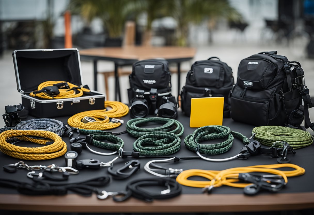 Stunt rigging equipment arranged neatly on a sturdy table. Ropes, harnesses, carabiners, and pulleys are neatly organized and ready for use