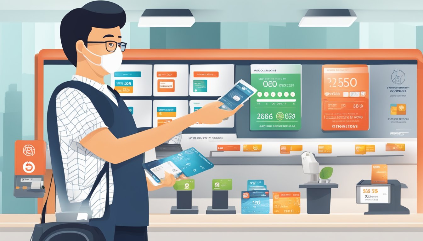A person swiping an OCBC 365 credit card at a Singaporean merchant, with various benefits and rebates displayed on the card