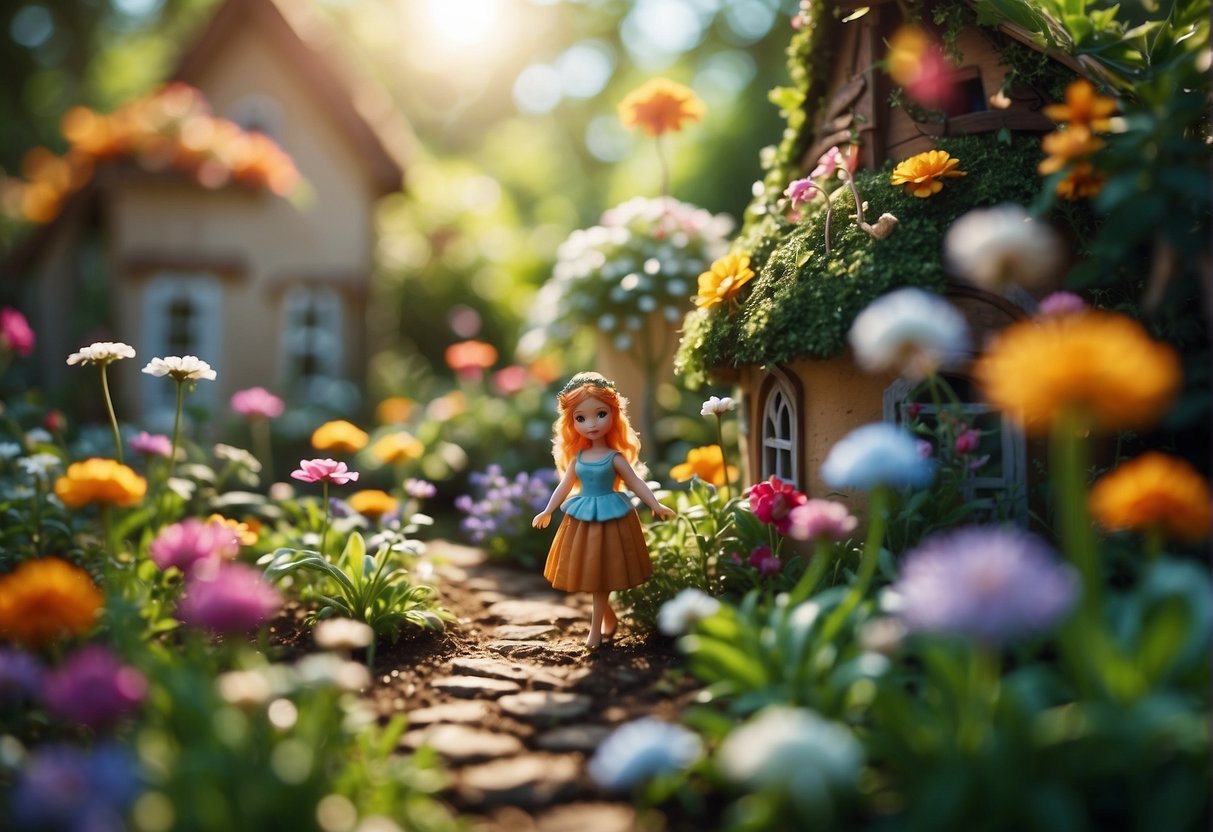 A fairy floats among vibrant plants and flowers in a whimsical backyard garden. The scene is filled with colorful blooms and lush greenery, creating a magical and enchanting atmosphere