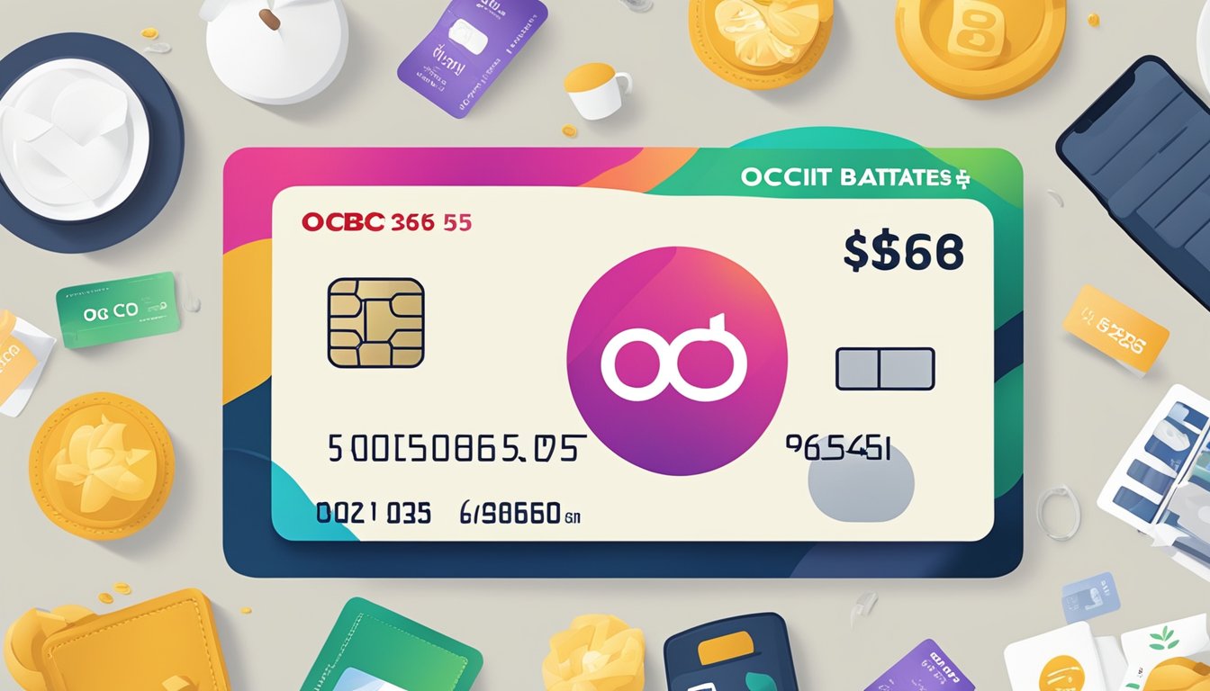 The scene shows a sleek credit card with "OCBC 365" prominently displayed, surrounded by icons representing perks and features like cash rebates, dining discounts, and travel privileges