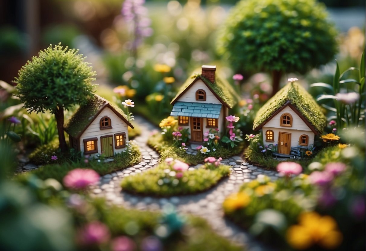 A lush backyard with tiny fairy houses, miniature furniture, and whimsical decorations nestled among vibrant flowers and lush greenery