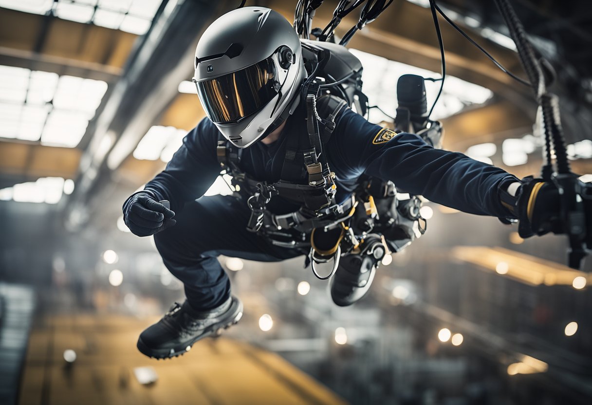 High-tech stunt gear in action, suspended mid-air. Cables, harnesses, and pulleys create a dynamic and intense scene for an illustrator to recreate