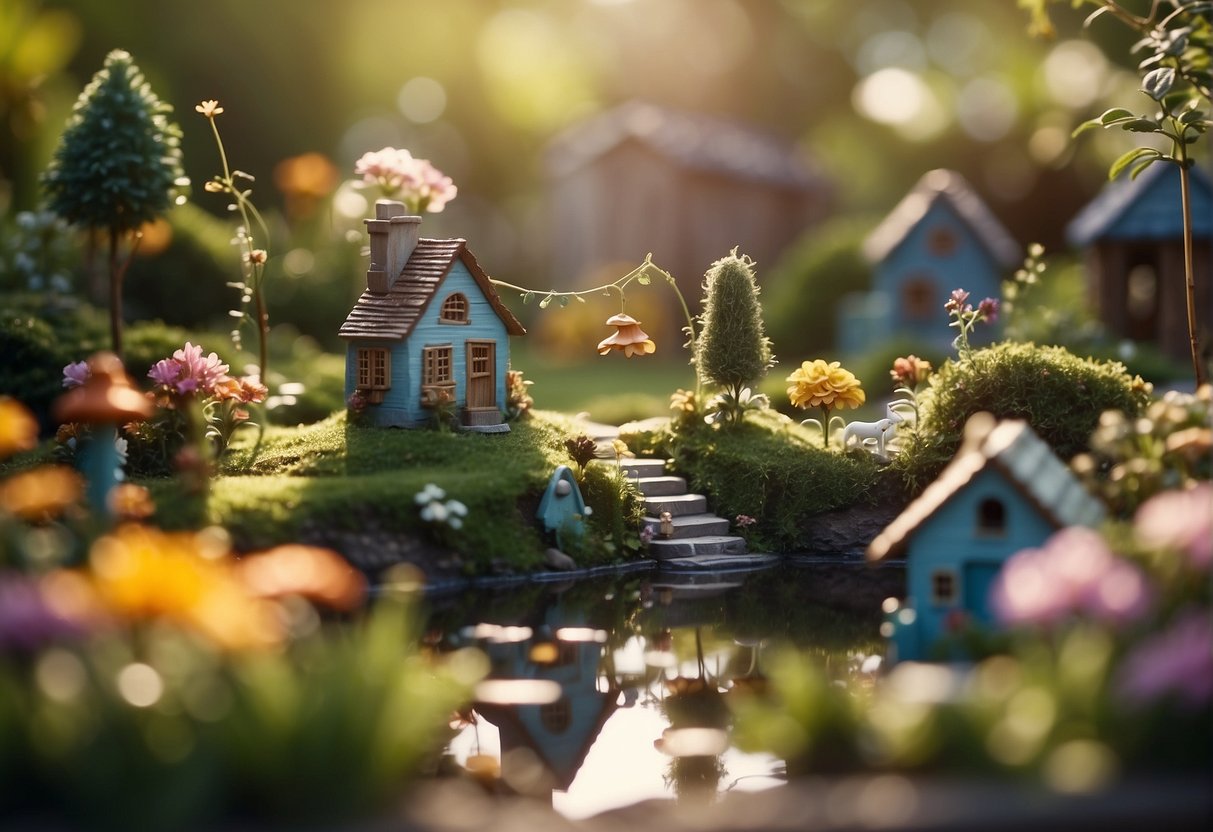 A small garden with miniature houses, tiny pathways, and colorful flowers. A fairy swings from a tiny swing, and a small pond reflects the sunlight