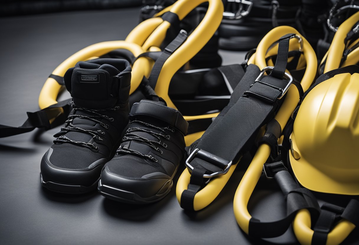 Stunt equipment arranged for training, including crash pads, harnesses, and safety ropes