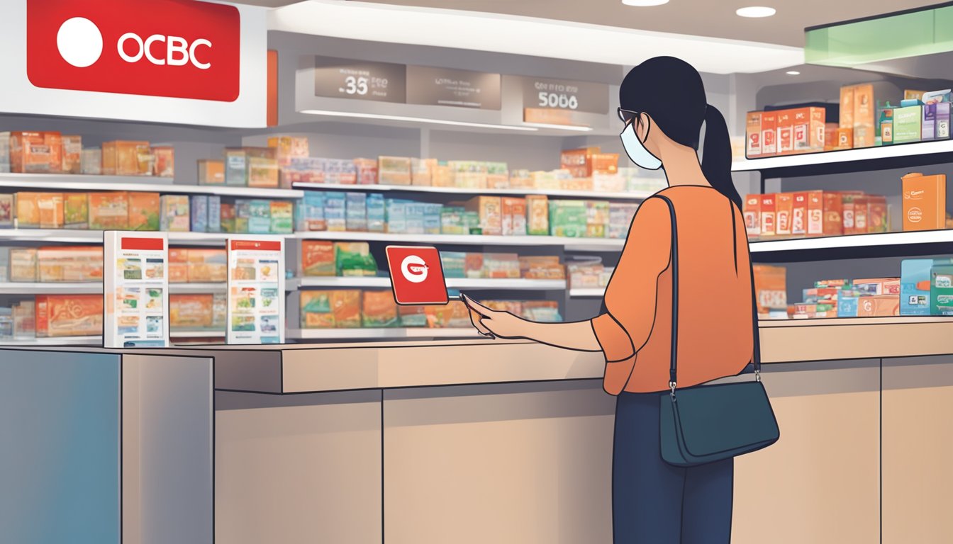 A person swiping an OCBC 365 credit card at a Singaporean store, with the iconic OCBC logo prominently displayed