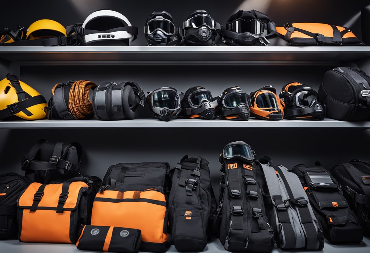 Various stunt equipment arranged neatly on a shelf, including harnesses, ropes, and safety pads. Bright lighting highlights the gear, creating a sense of readiness and professionalism
