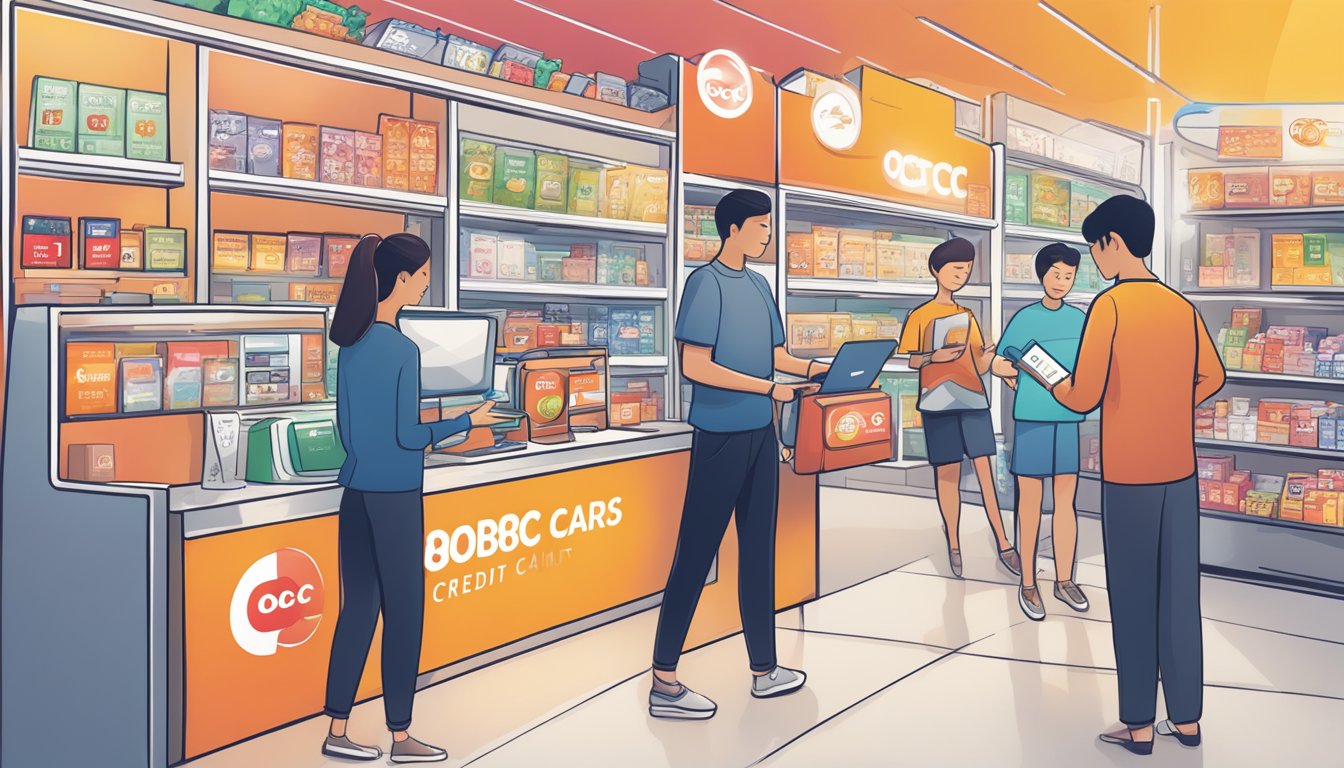 A person swiping an OCBC 365 credit card at various merchants, earning rewards across different categories