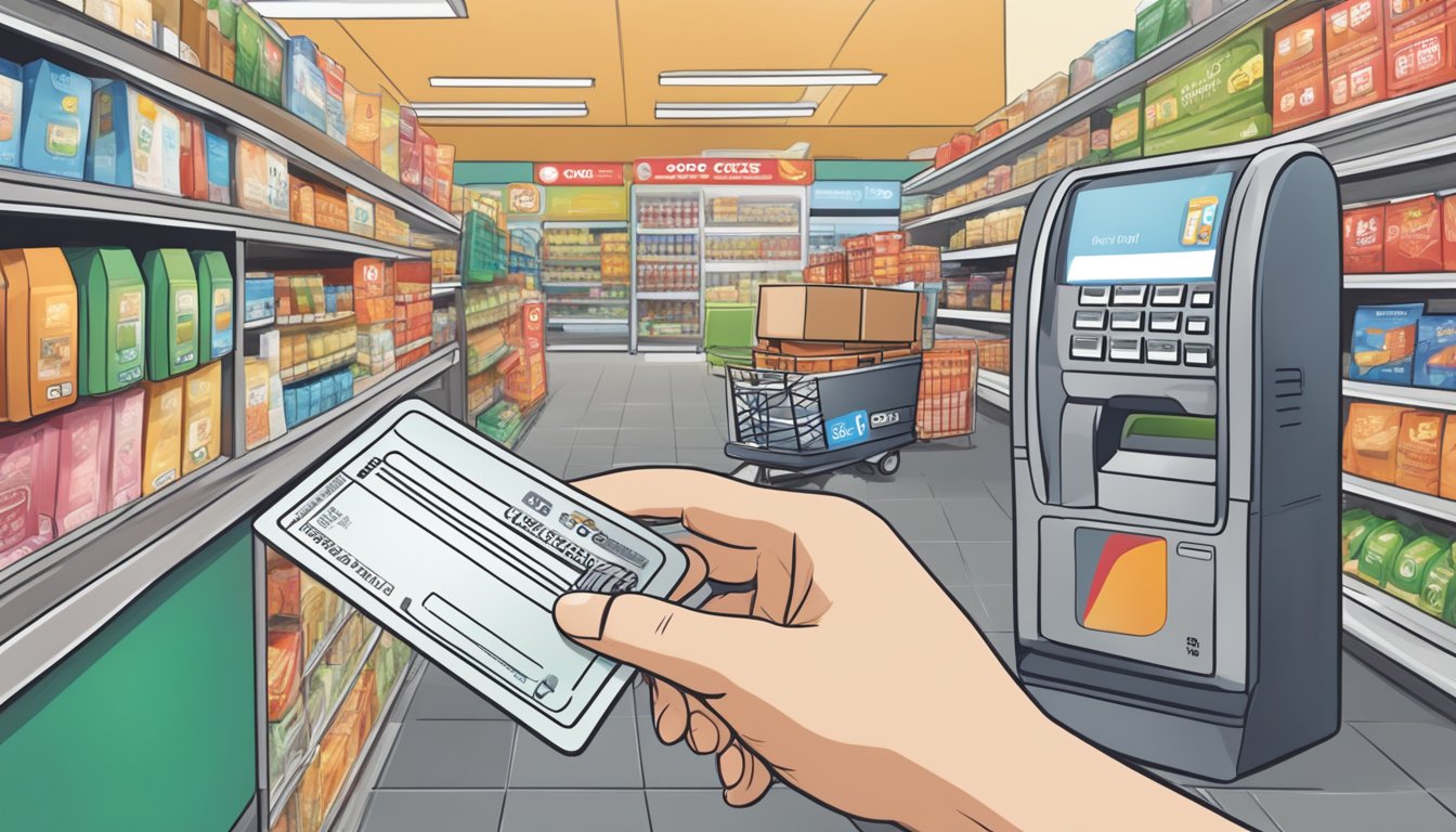 A person swiping OCBC 365 card at a grocery store, with other credit cards in the background