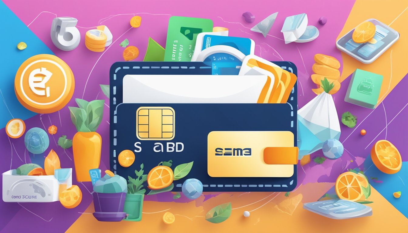 The scene depicts a sleek and modern credit card surrounded by various icons representing perks and services, such as dining, groceries, and entertainment