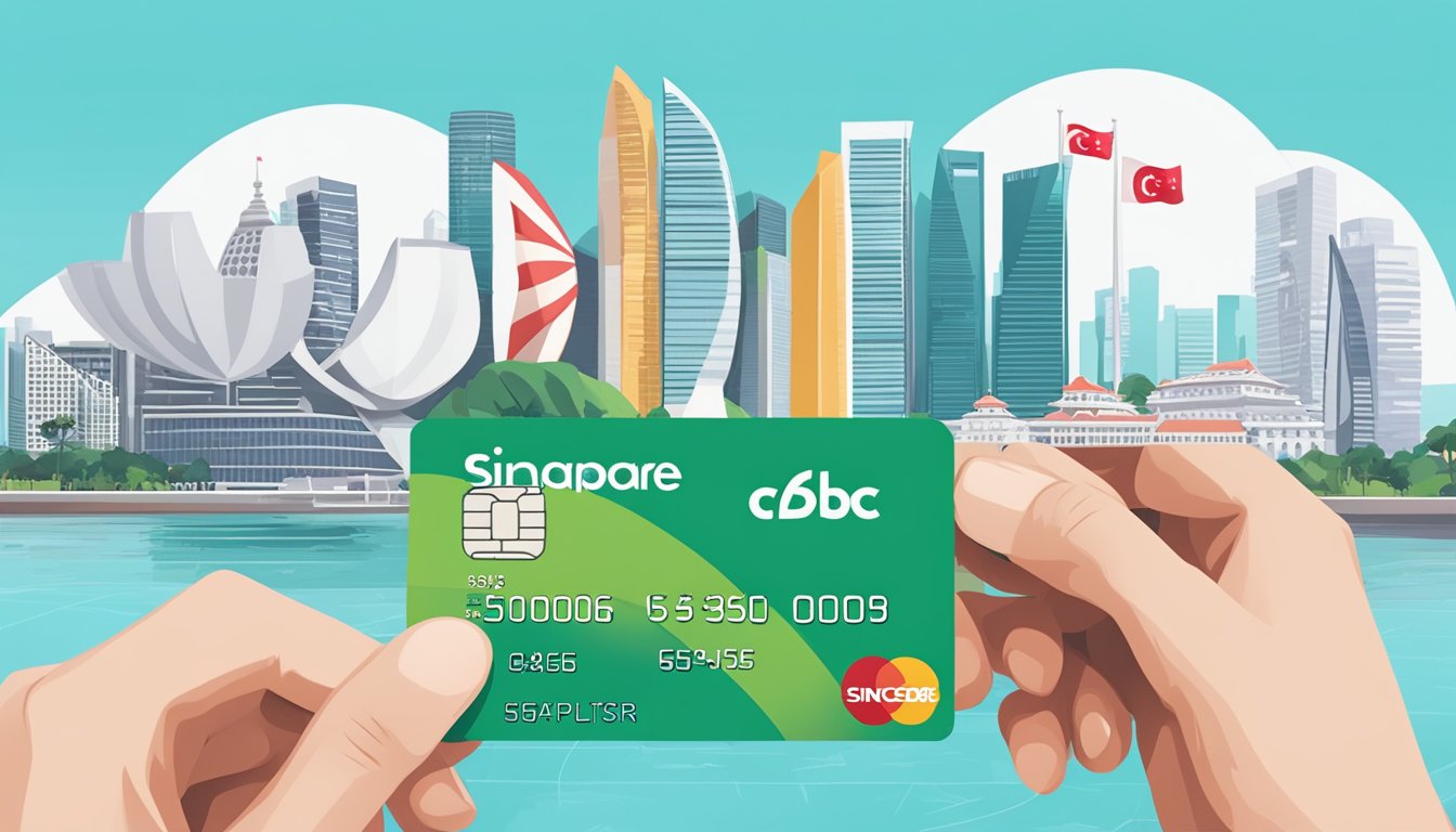 A hand holding an OCBC 365 debit card, with iconic Singapore landmarks in the background