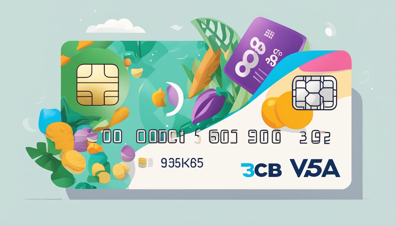 The OCBC 365 Debit Card features a vibrant design with the bank's logo and a bold "365" in the center. The card is surrounded by various icons representing different cashback categories such as dining, groceries, and transport