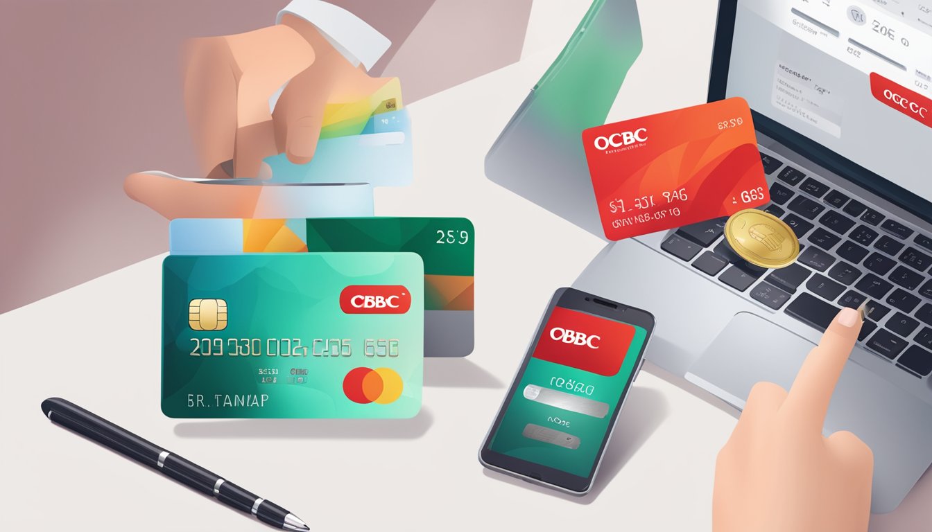 A hand holding an OCBC 365 Debit Card, with a laptop open to the OCBC website, and a smartphone displaying the OCBC mobile app