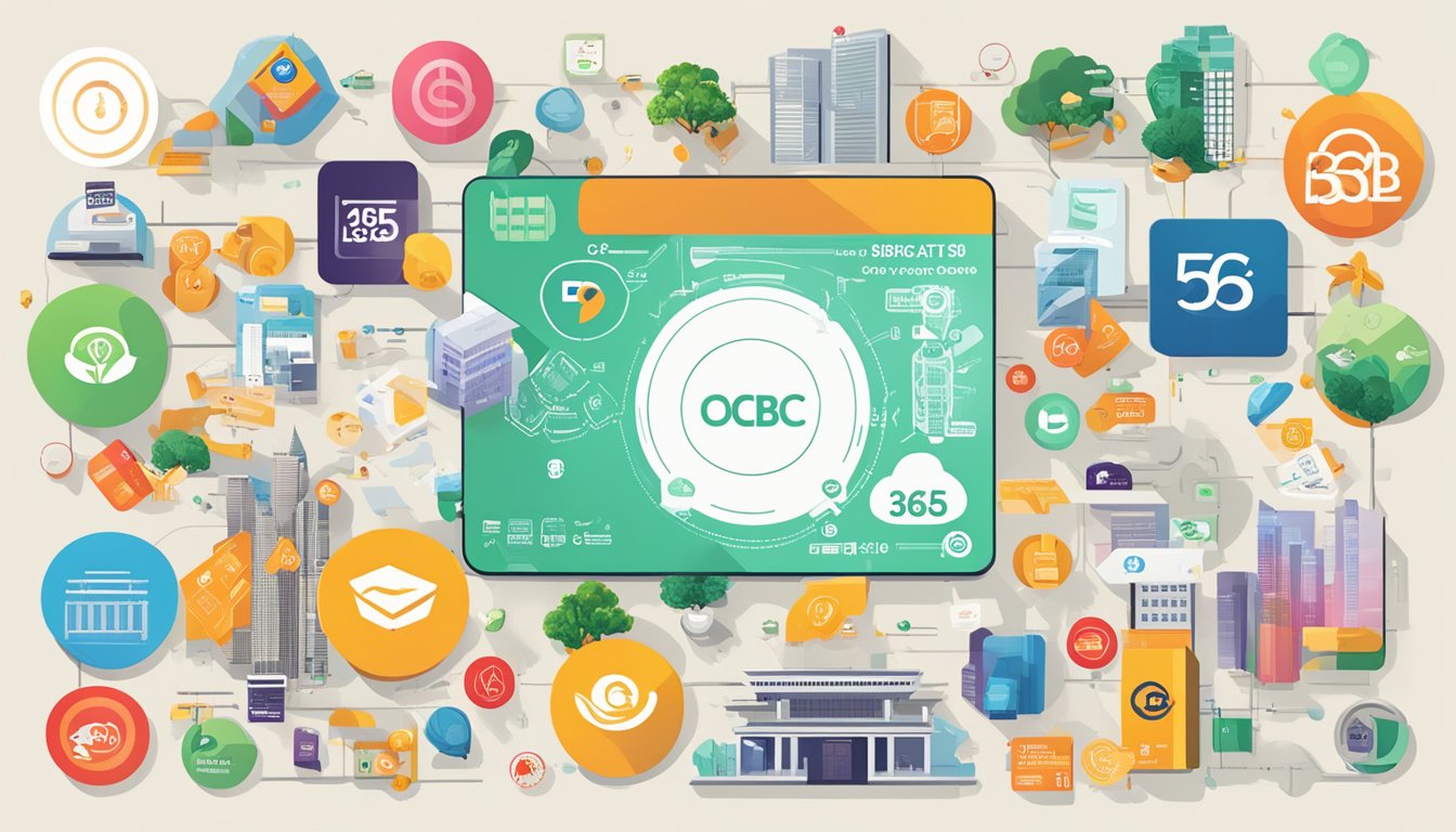 The OCBC 365 debit card surrounded by various perks and partnership logos, representing its benefits and collaborations in Singapore