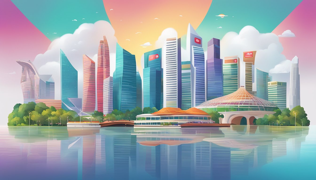 A colorful, vibrant Singapore skyline with iconic landmarks, and a prominent OCBC 365 debit card displayed in the foreground