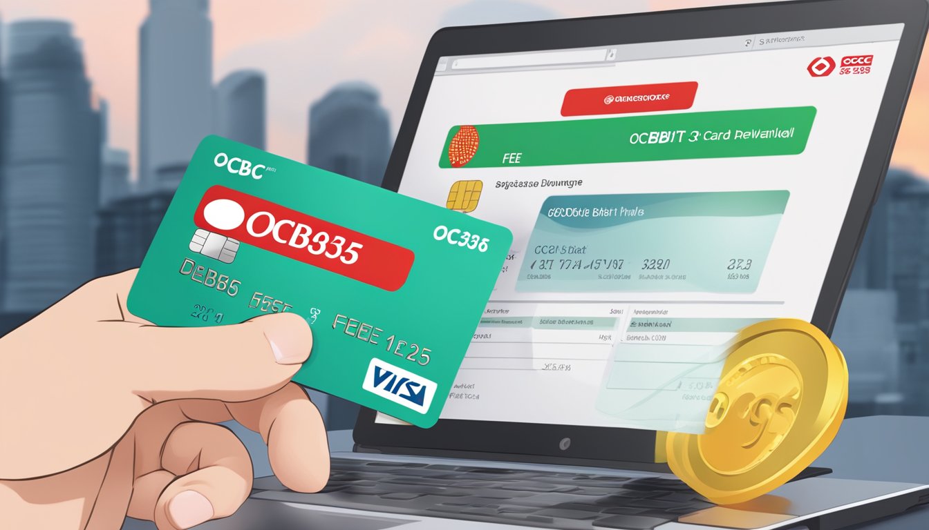 A hand holding an OCBC 365 debit card with the words "OCBC 365 Debit Card Overview" and "annual fee Singapore" displayed on a computer screen in the background