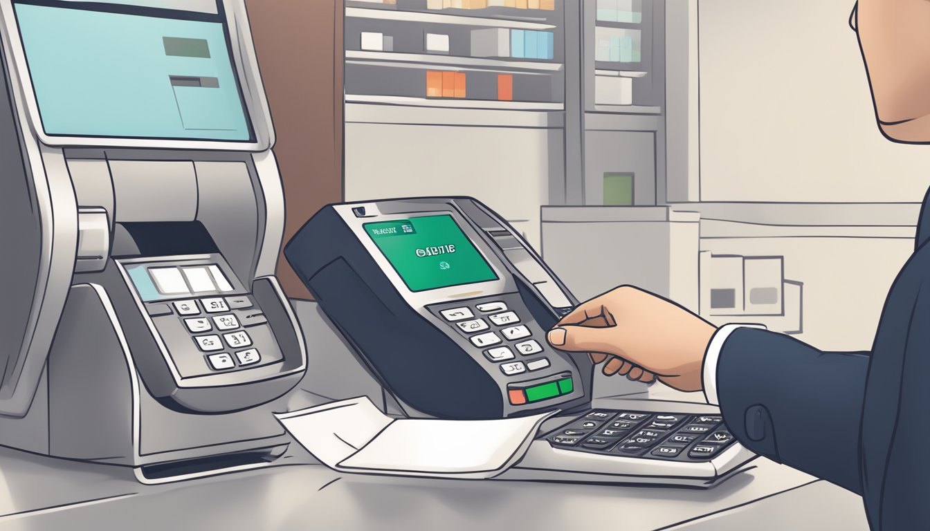 A person swiping an OCBC 365 debit card at a payment terminal, with the annual fee information displayed on the screen