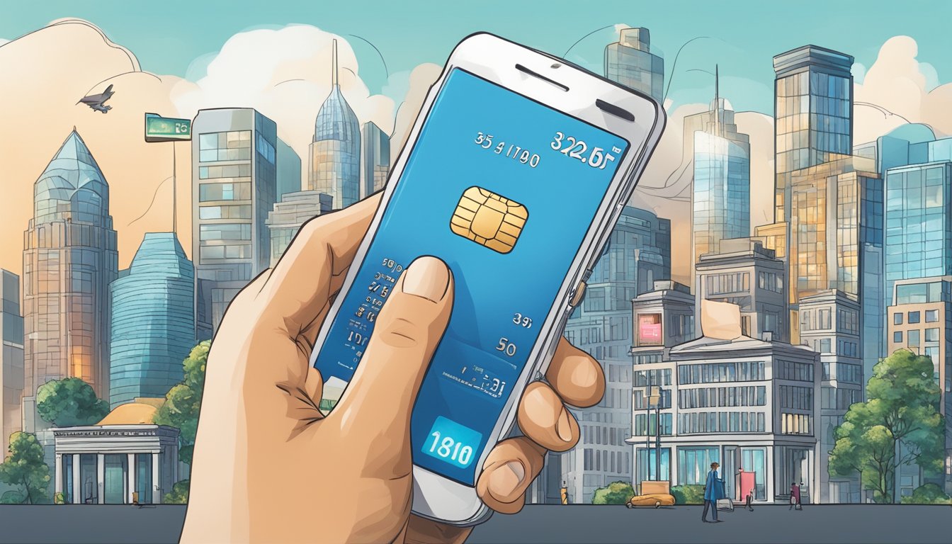 The scene depicts a modern city skyline with a prominent bank building, a person swiping a debit card, and various rewards popping up around them