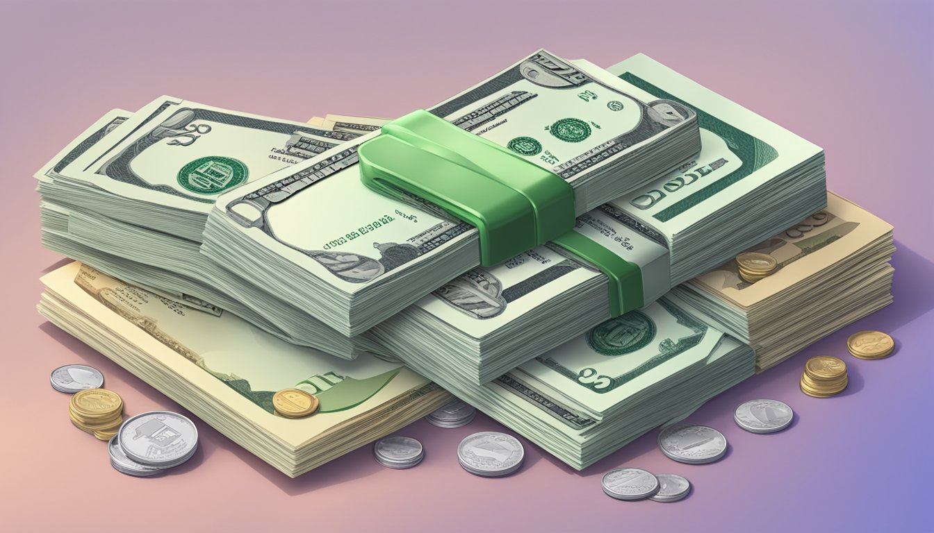 A pile of money with a debit card and a list of fees and charges in the background