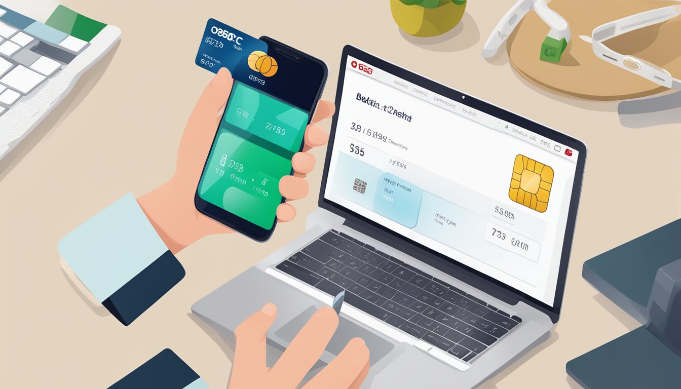 A hand holding an OCBC 365 debit card, with a laptop and mobile phone nearby, showcasing efficient card management