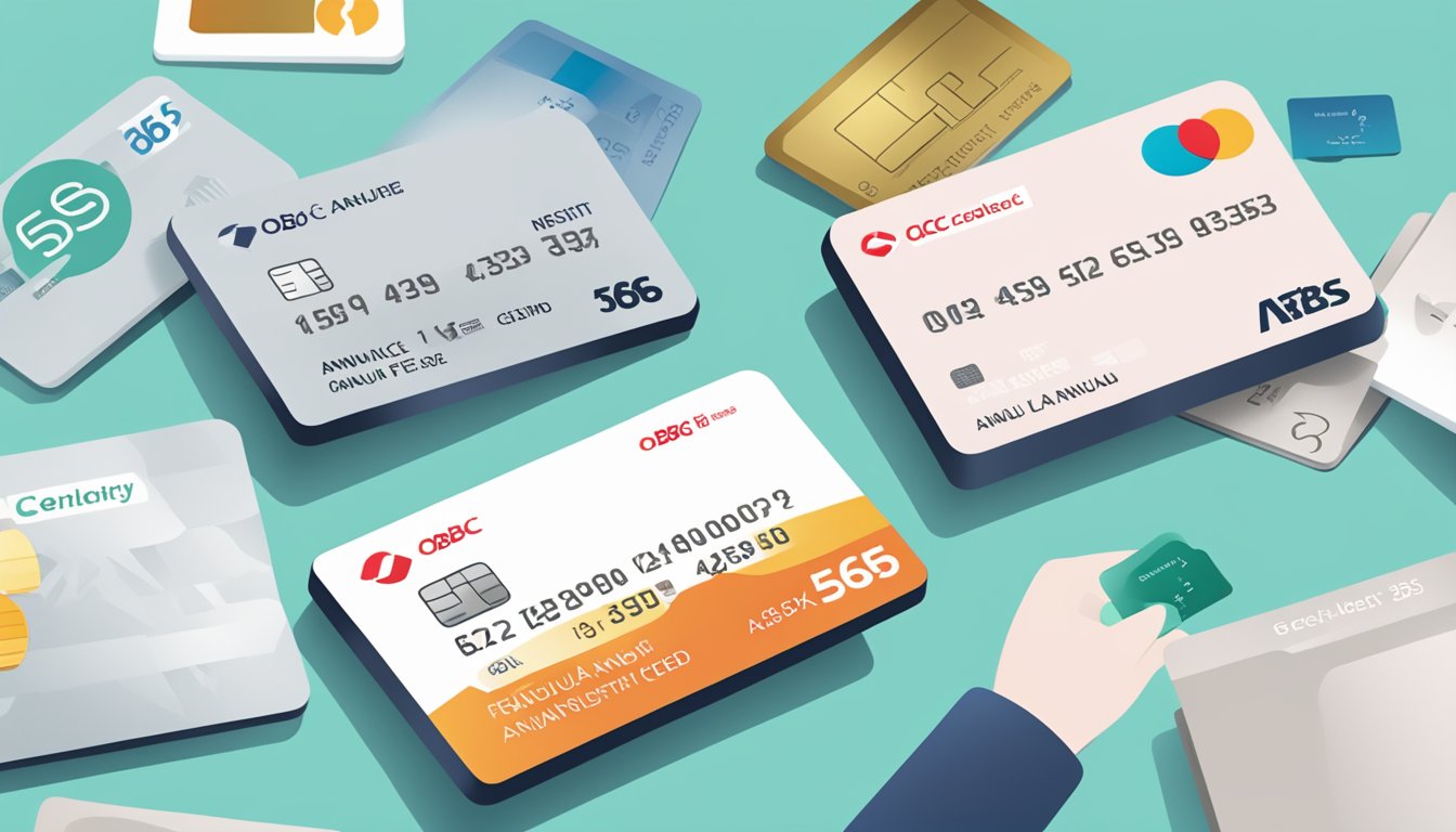 A stack of frequently asked questions cards next to an OCBC 365 debit card, with a prominent "annual fee" label