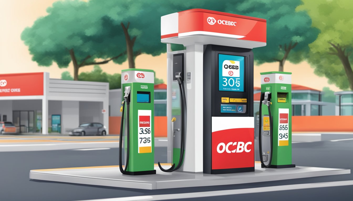 An OCBC 365 card displayed next to a petrol pump in Singapore, with a prominent discount offer sign