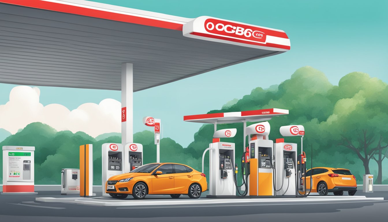 A car refueling at a petrol station with a prominent OCBC 365 logo, showcasing the fuel savings discount in Singapore
