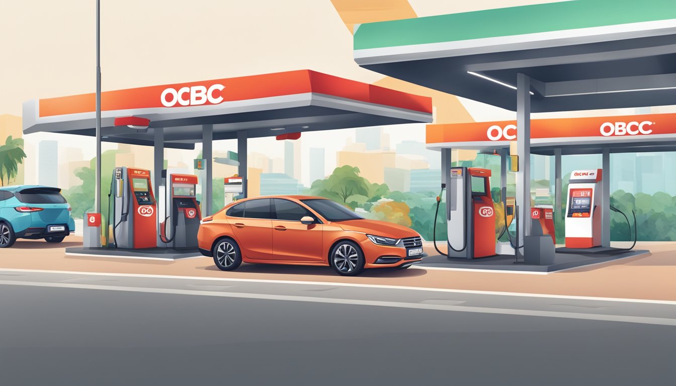 A car at a petrol station with an OCBC 365 card being used for cashback and discounts on fuel in Singapore