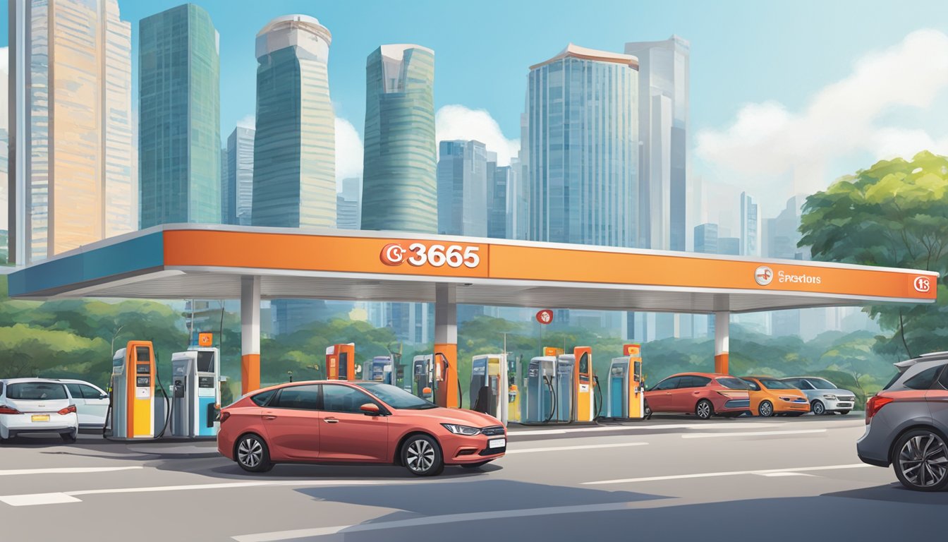 A car parked at an OCBC 365 petrol station in Singapore, with the discount sign prominently displayed. The surrounding area shows a bustling cityscape with other vehicles and people in the background