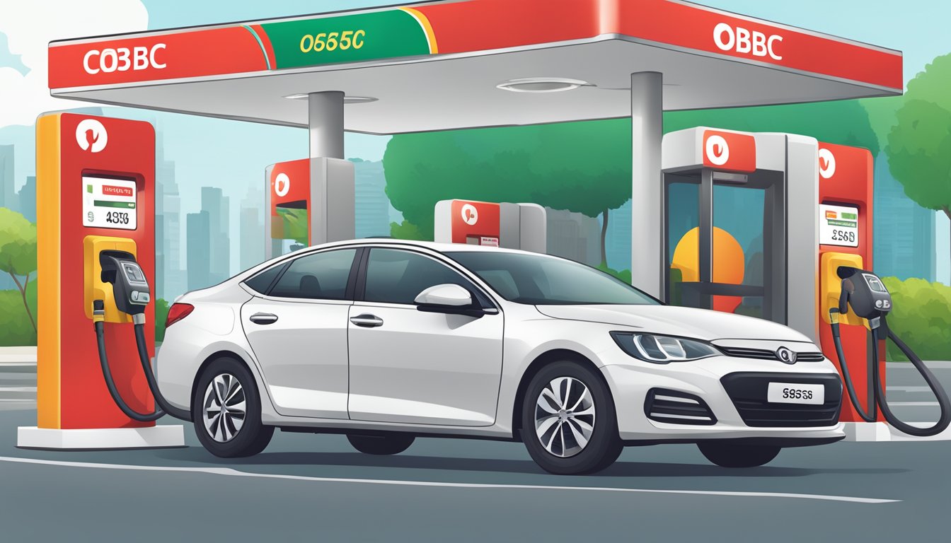 A car at a petrol station with an OCBC 365 card being used for a discount on fuel in Singapore