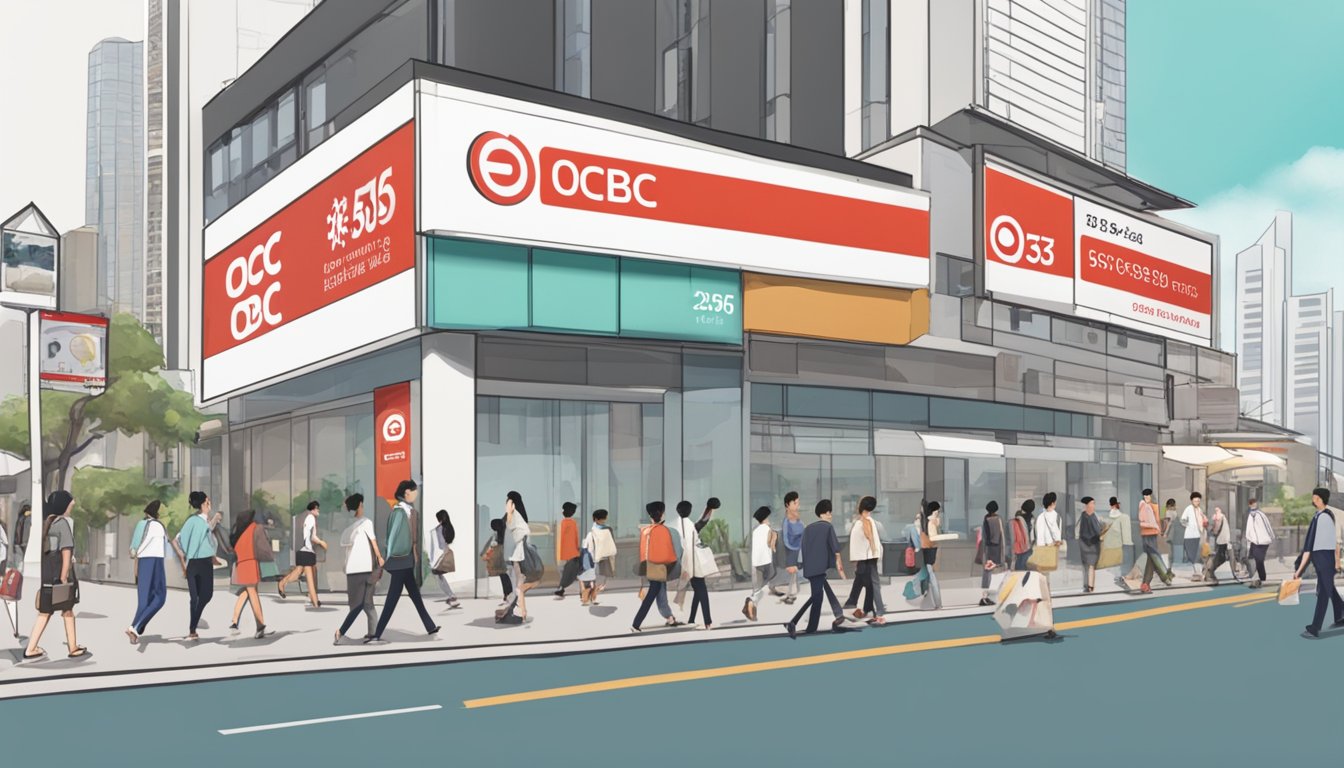 A bustling Singapore street with an OCBC 365 rebate sign prominently displayed on a storefront. Pedestrians walk by, and the city skyline looms in the background