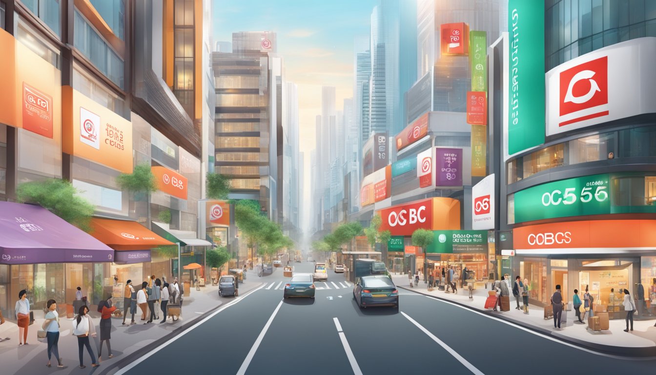 A bustling city street with prominent OCBC 365 branding and signs, showcasing exclusive deals and partnerships with various businesses