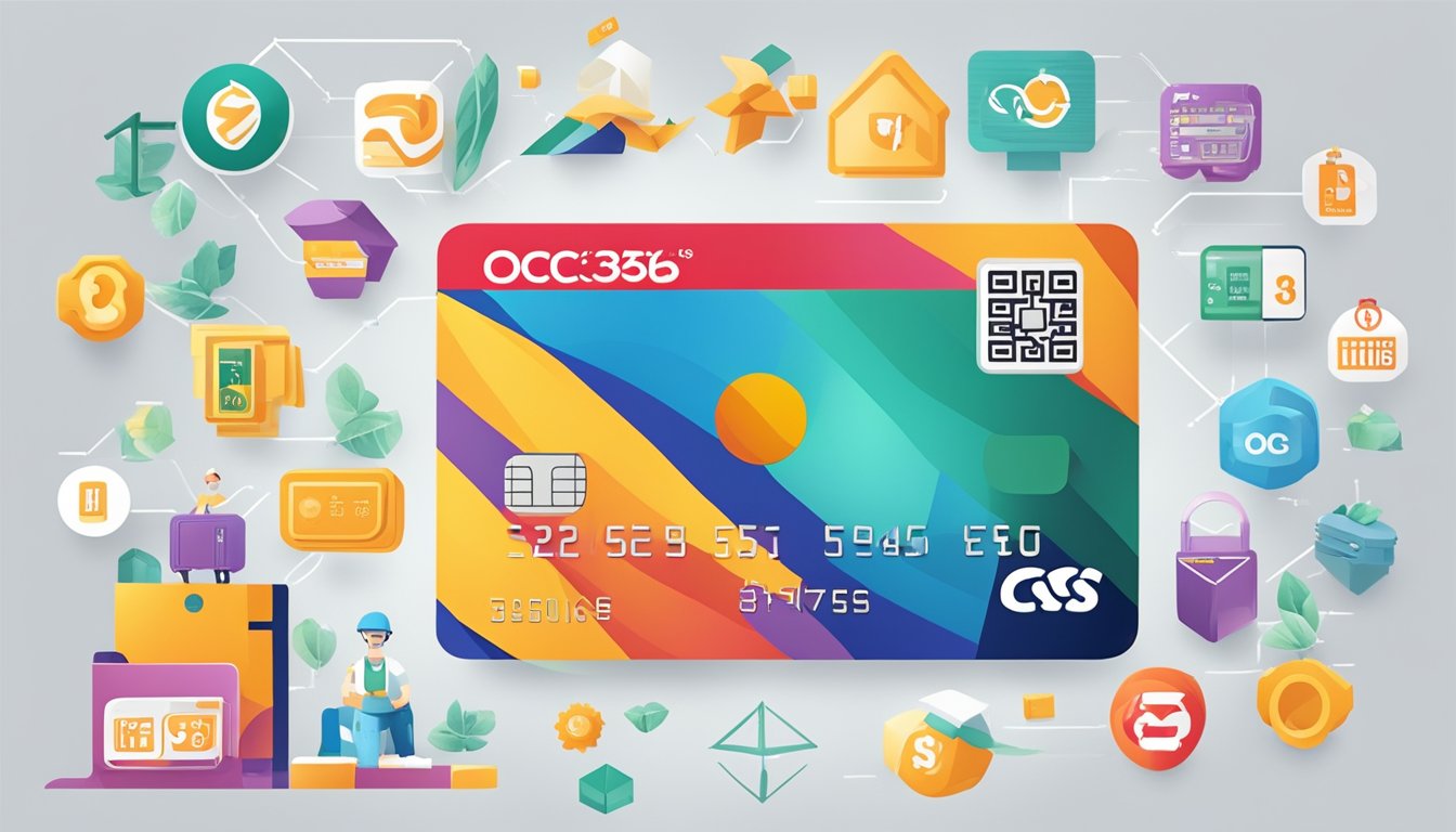 A colorful bank card surrounded by various icons representing perks and services, with the OCBC 365 logo prominently displayed
