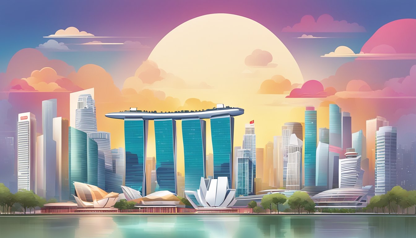A vibrant cityscape with iconic Singapore landmarks, a sleek and modern OCBC 365 supplementary card displayed prominently