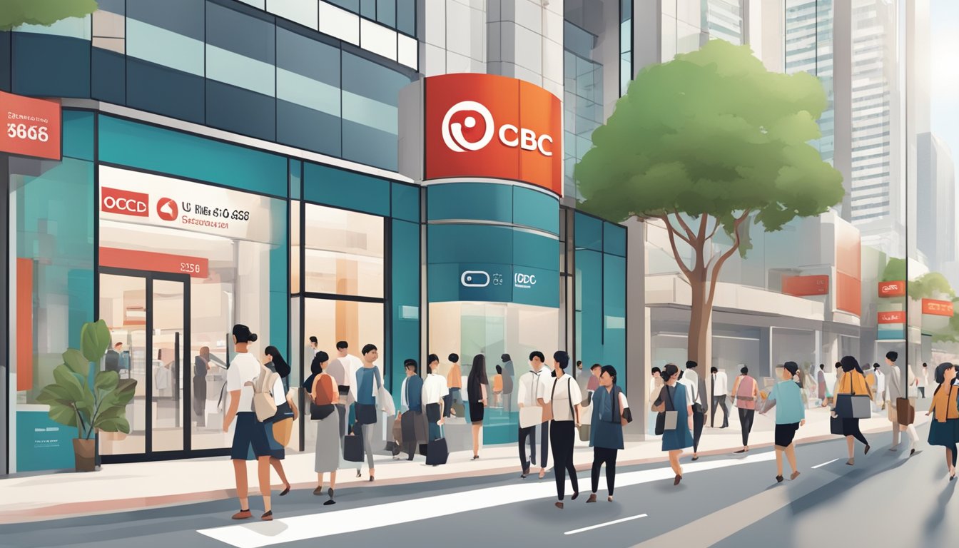 A busy city street with prominent OCBC and UOB bank branches, with people entering and exiting, and a sign displaying "Frequently Asked Questions OCBC 365 vs UOB One Singapore."