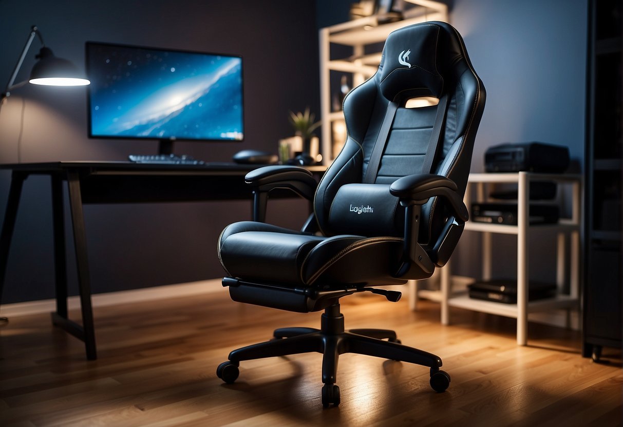 A Logitech gaming chair sits in a dimly lit room, surrounded by gaming consoles and a large monitor. The chair is sleek and ergonomic, with adjustable armrests and lumbar support