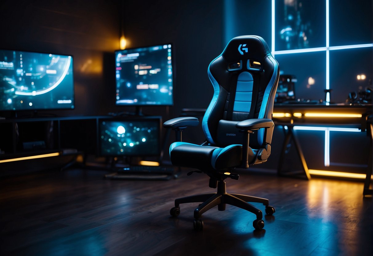 A sleek, black Logitech gaming chair with vibrant blue accents sits in a dimly lit room, surrounded by high-tech gaming equipment
