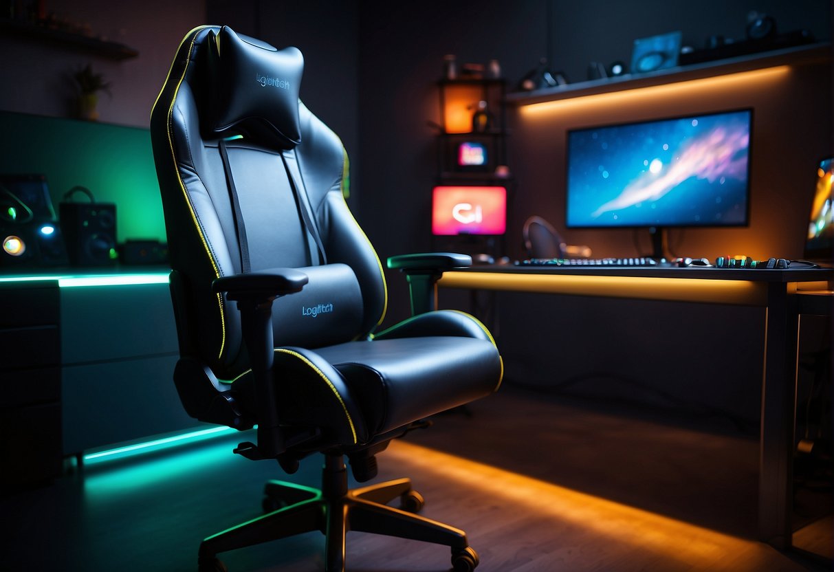 A sleek, ergonomic Logitech gaming chair sits in a dimly lit room, surrounded by high-tech gaming equipment and colorful LED lights