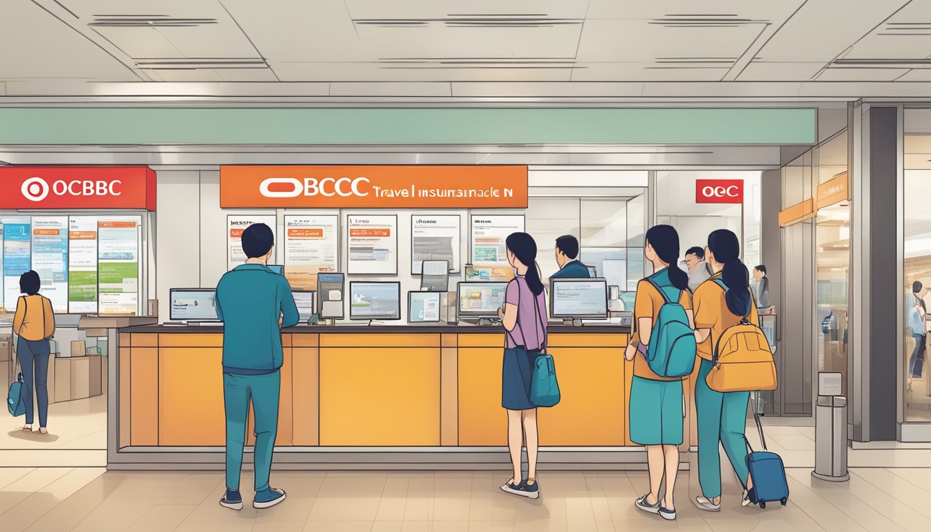 A traveler purchasing OCBC 90N travel insurance at a Singaporean bank branch